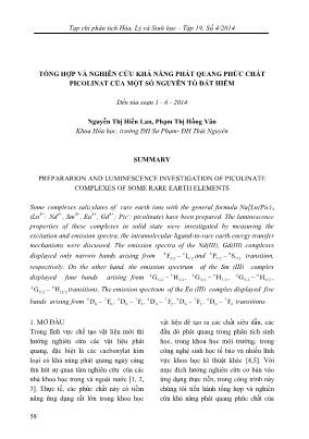 Tổng hợp và nghiên cứu khả năng phát quang phức chất Picolinat của một số nguyên tố đất hiếm