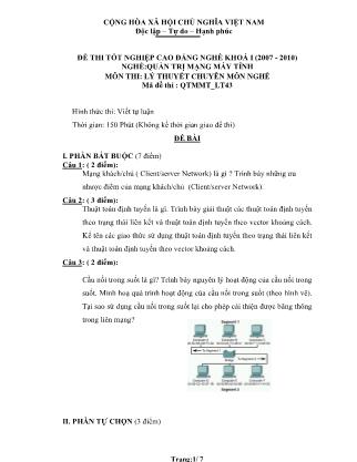 Đề thi tốt nghiệp Cao đẳng nghề Quản trị mạng máy tính khoá I môn Lý thuyết chuyên môn nghề - Mã đề QTMMT-LT43