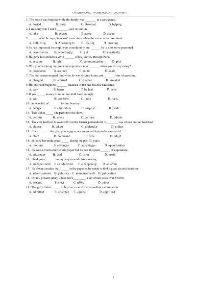 500 Câu hỏi trắc nghiệm từ vựng luyện thi Tiếng Anh