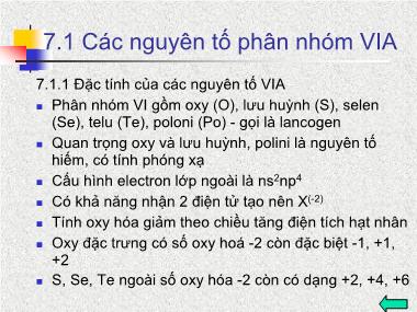 Bài giảng Hóa vô cơ - Chương 7: Các nguyên tố phân nhóm VIA