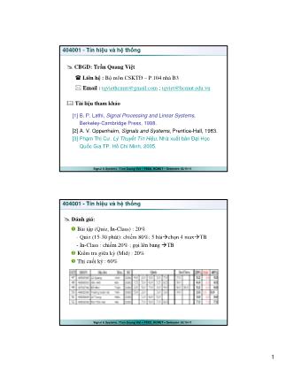 Bài giảng Tín hiệu và hệ thống - Chương 1: Cơ bản về tín hiệu và hệ thống - Trần Quang Việt