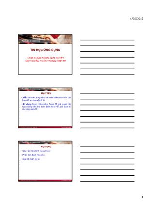 Bài giảng Tin học ứng dụng - Bài 2: Ứng dụng Excel giải quyết một số bài toán trong kinh tế