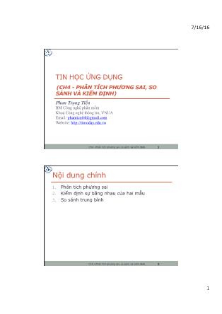 Bài giảng Tin học ứng dụng - Chương 4: Phân tích phương sai, so sánh và kiểm định - Phan Trọng Tiến