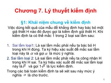 Bài giảng Xác suất thống kê - Chương 7: Lý thuyết kiểm định