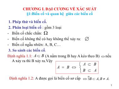 Bài giảng Xác suất thống kê - Chương I: Đại cương về xác suất