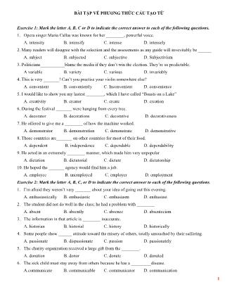 Bài tập về phương thức cấu tạo từ tiếng Anh