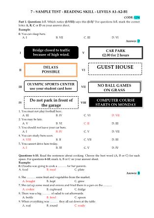 Bộ đề thi thử A1-A2-B1 - Phần Reading