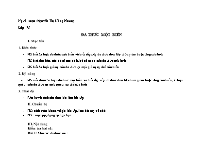 Giáo án Đại số Lớp 7 - Bài: Đa thức một biến - Nguyễn Thị Hồng Nhung