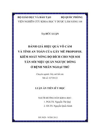 Luận án Đánh giá hiệu quả vô cảm và tính an toàn của gây mê Propofol kiểm soát nồng độ đích cho nội soi tán sỏi niệu quản ngược dòng ở bệnh nhân ngoại trú