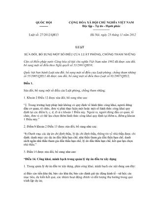 Luật Sửa đổi, bổ sung một số điều của luật phòng, chống tham nhũng