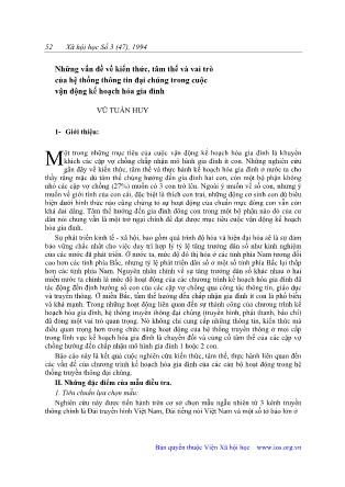 Những vấn đề về kiến thức, tâm thế và vai trò của hệ thống thông tin đại chúng trong cuộc vận động kế hoạch hóa gia đình
