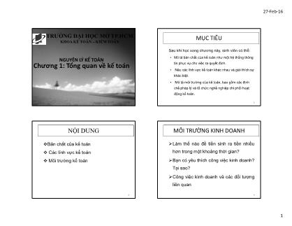 Bài giảng môn Nguyên lý kế toán - Chương 1: Tổng quan về kế toán - Nguyễn Thu Ngọc