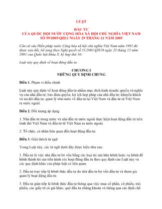 Luật Đầu tư của Quốc hội nước Cộng hòa Xã hội Chủ nghĩa Việt Nam số 59/2005/QH11 ngày 29 tháng 11 năm 2005